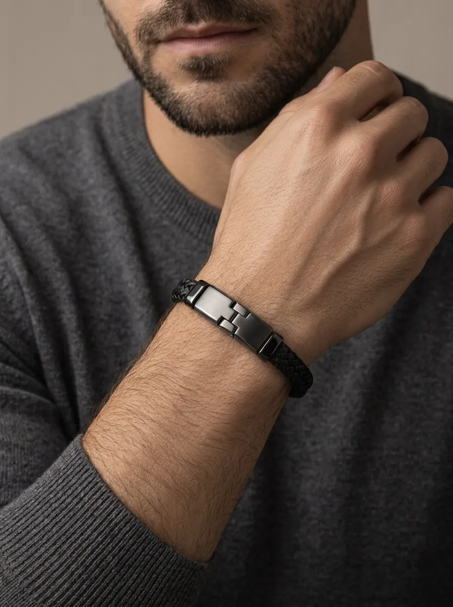 Men's Classic Detail Minimalist Braided Leather Stainless Steel Bracelet
