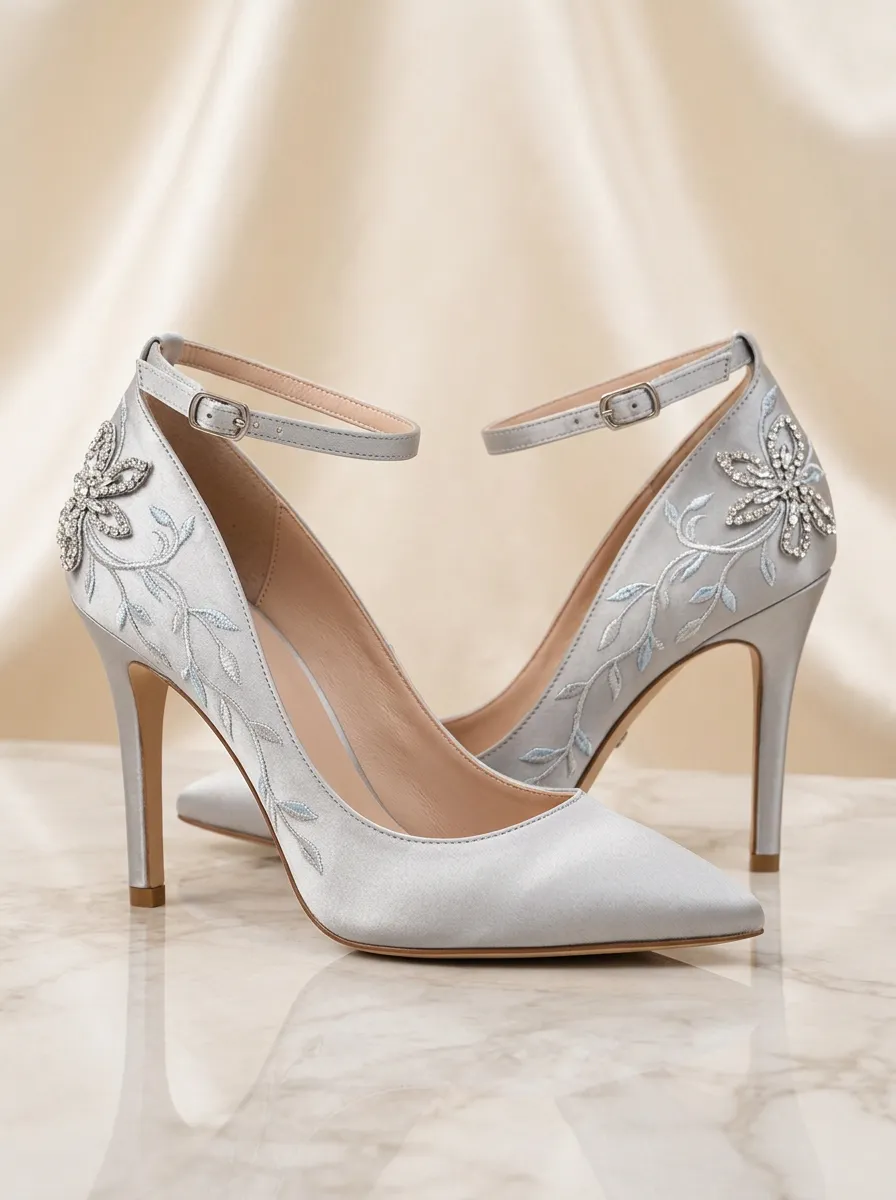 Rhinestone Floral Embroidered Ankle-Strap Women's Formal High Heels