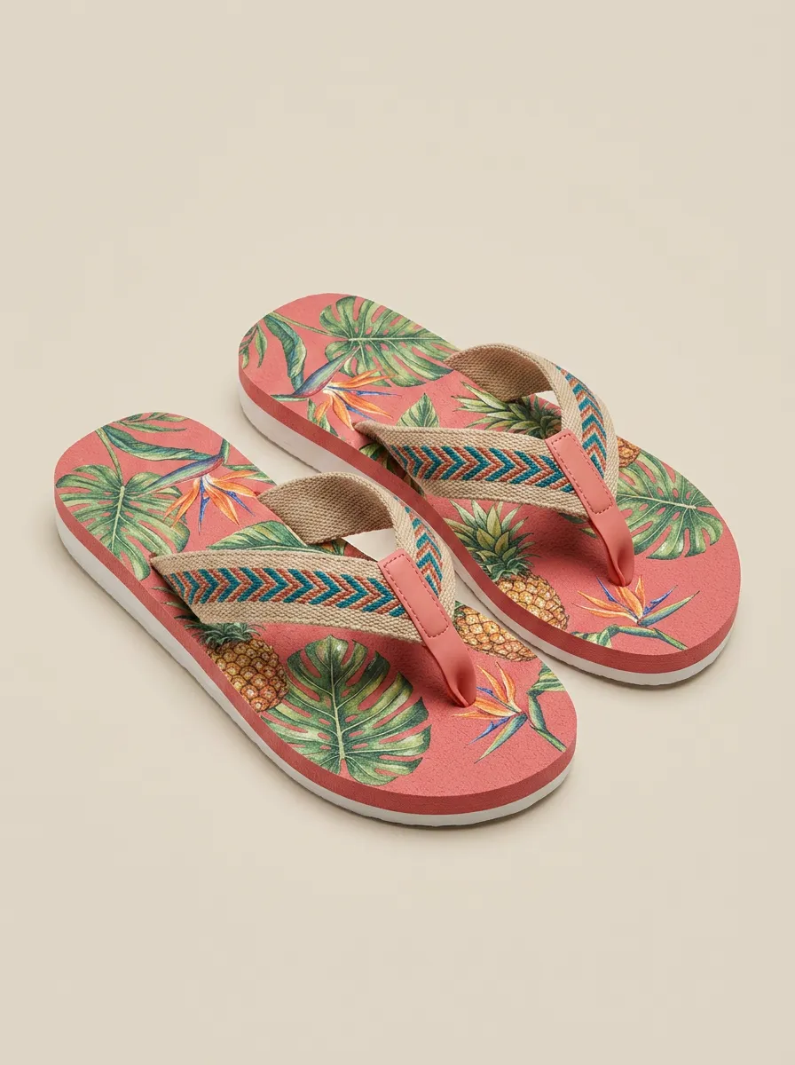 Women's Tropical Summer Pineapple Monstera Leaf Printed Flip Flops