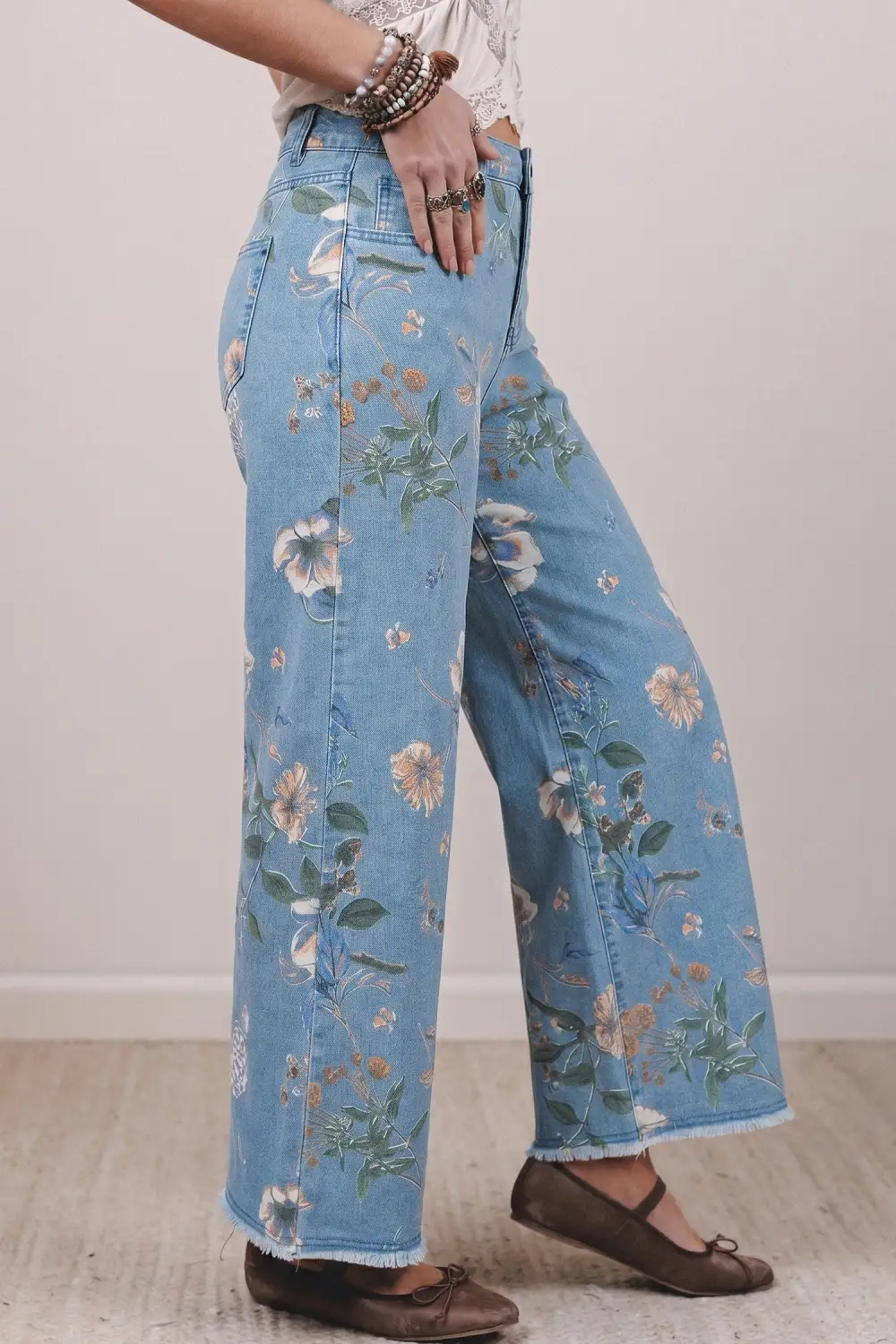 Women's Retro Floral Print Frayed Hem Shift Jeans