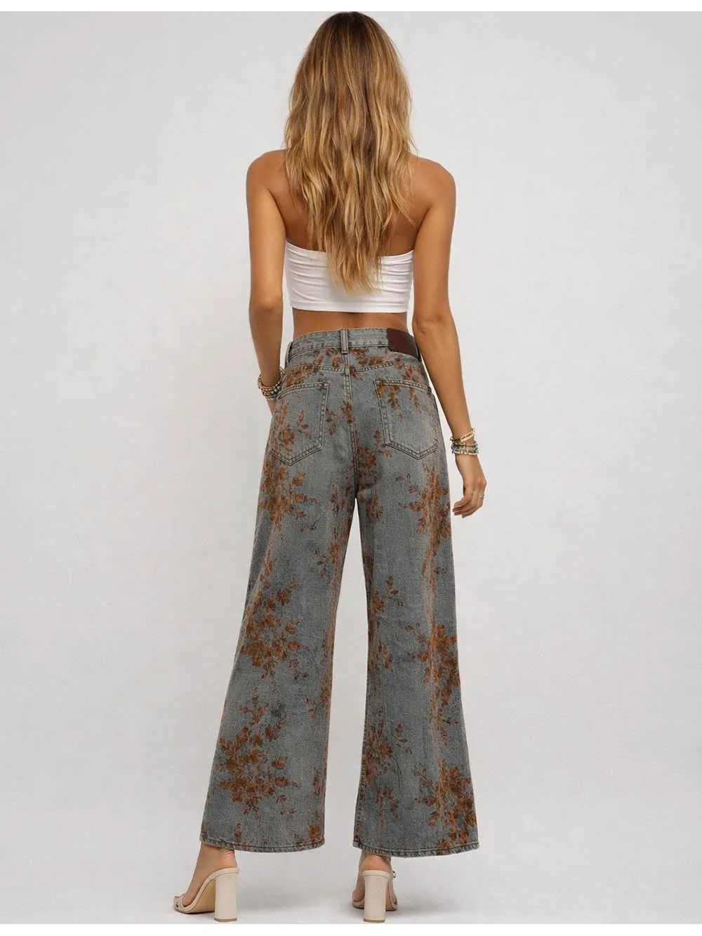 Vintage Jacquard Wide Leg Denim Pants