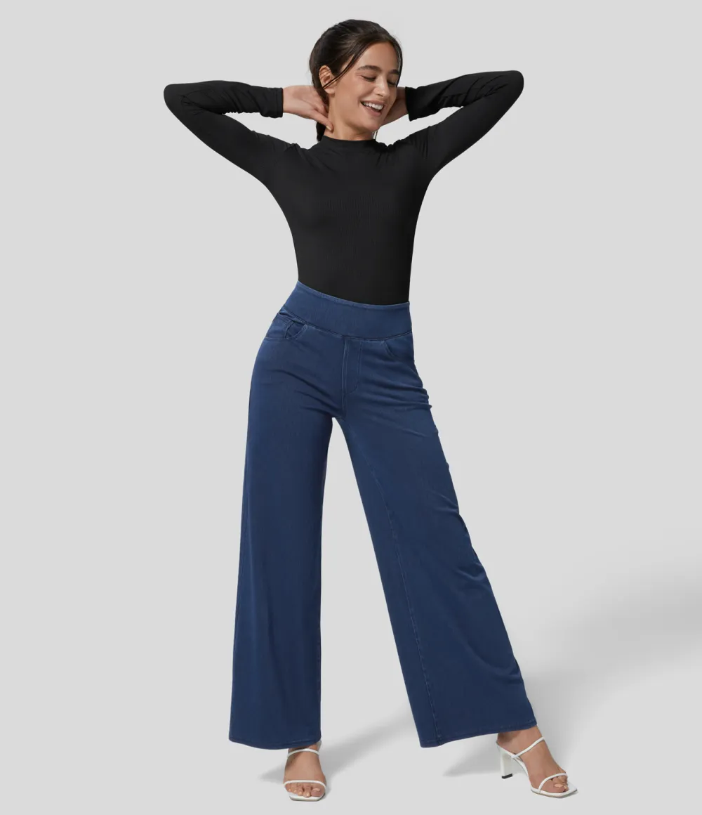 Magic High Waisted Multiple Pockets Wide Leg Loose Stretchy Knit Work Jeans
