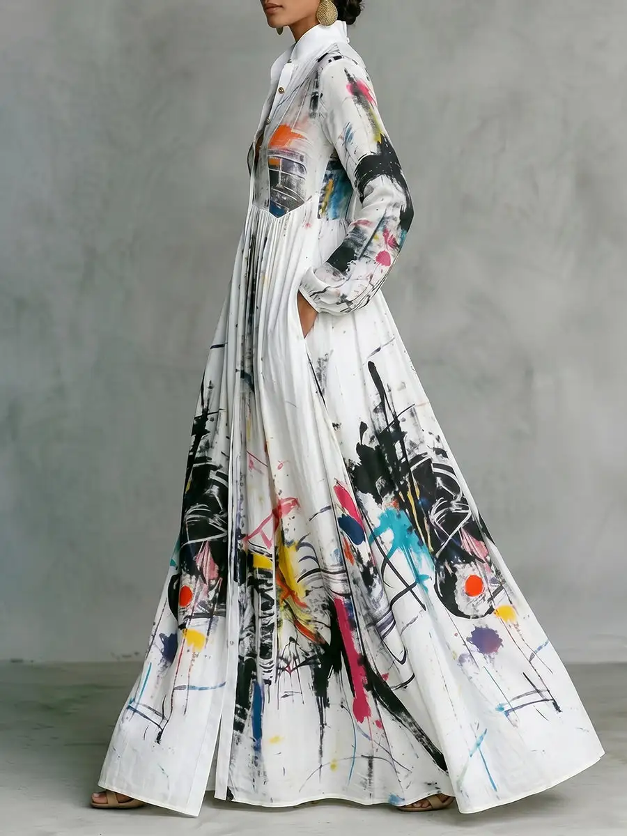 Pleated Printed Buttoned Long Shirt Maxi Dress