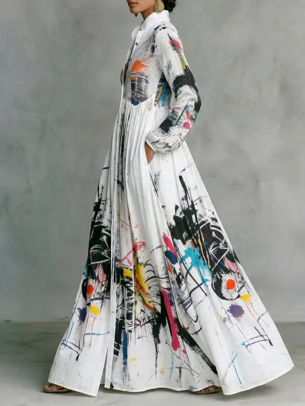 Pleated Printed Buttoned Long Shirt Maxi Dress