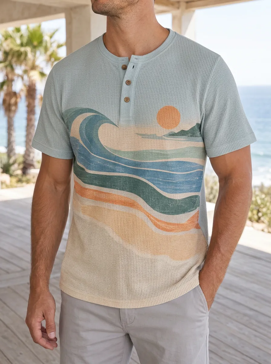 Men's Beach Lover Ocean Wave Sun Printed Henley Shirt