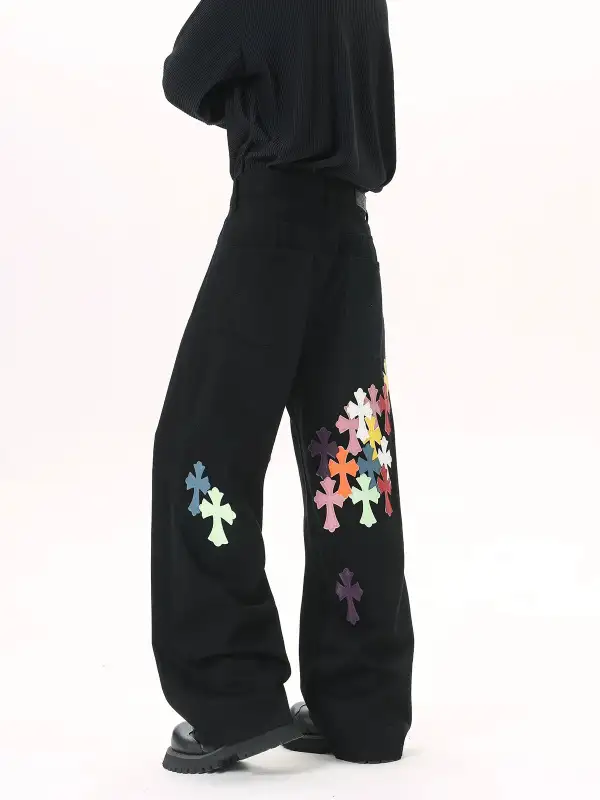 Wide-Leg Patchwork Zip-Detail Jeans