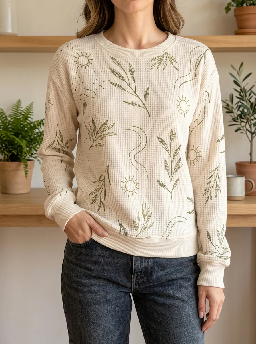 Women's Boho Sun And Leaf Textured Waffle Knit Crewneck Sweatshirt