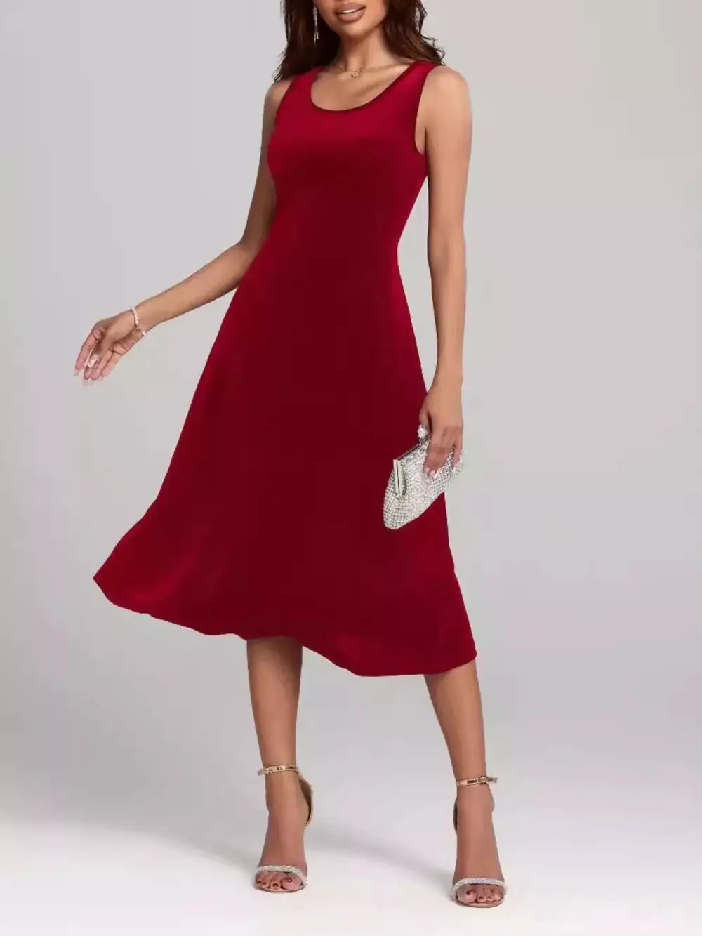 Velvet Round Neck Sleeveless Midi Dress