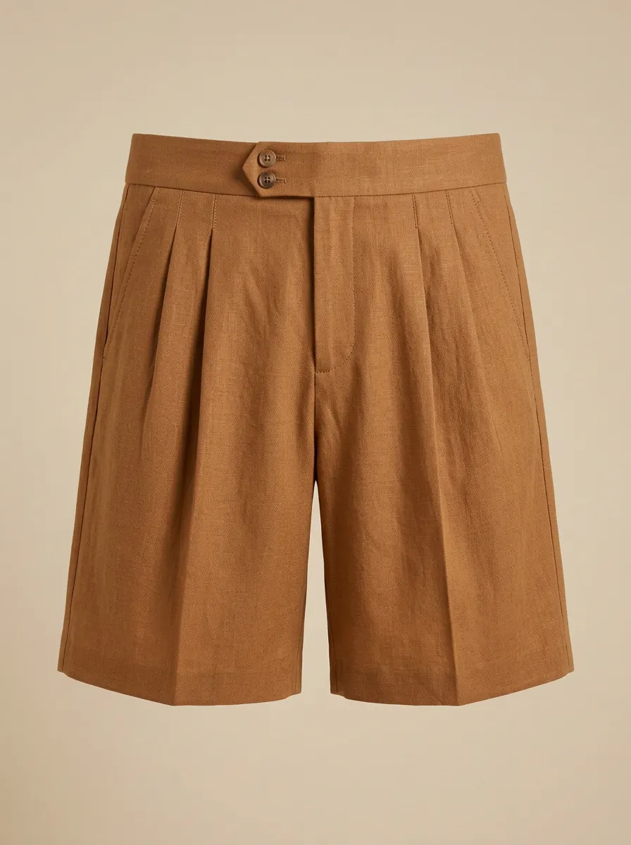 Men's Casual Brown Pleated Linen Tailored Shorts