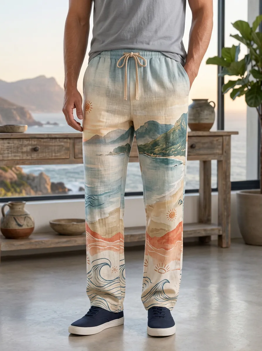Men's Scenic Print Drawstring Trousers