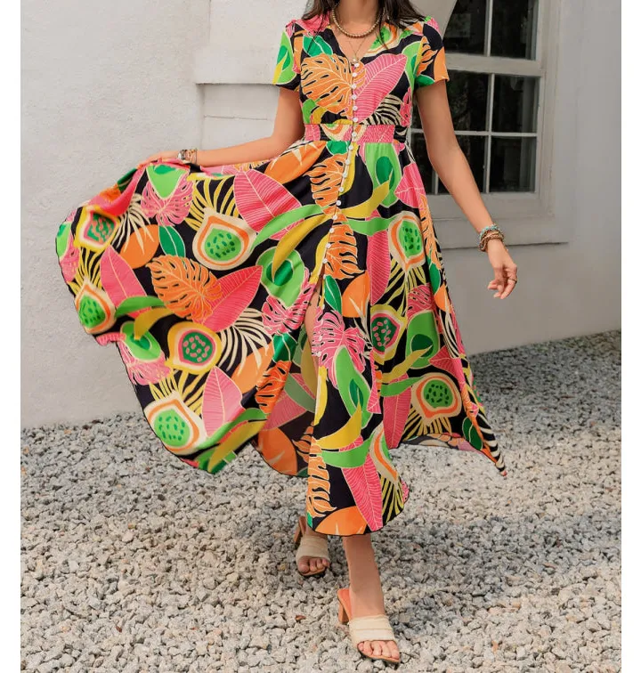 Tropical Print V-neck Short Sleeve Midi Dress
