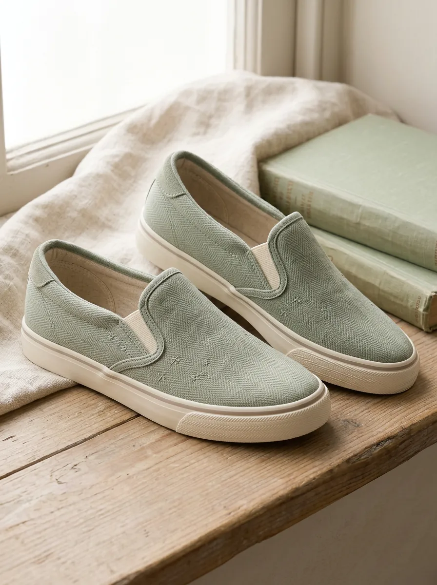 Women's Sage Green Herringbone Pattern Printed Slip-on Shoes