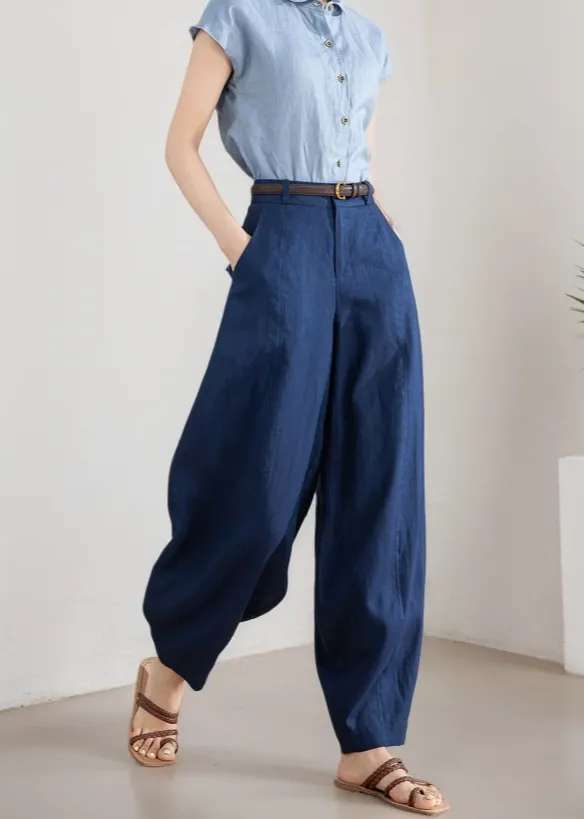 Relaxed Linen Cotton Wide Leg Tapered High Waist Pocketed Trousers
