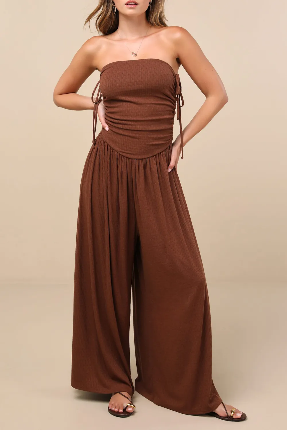 Casual Style Pointelle Strapless Wide-Leg Jumpsuit