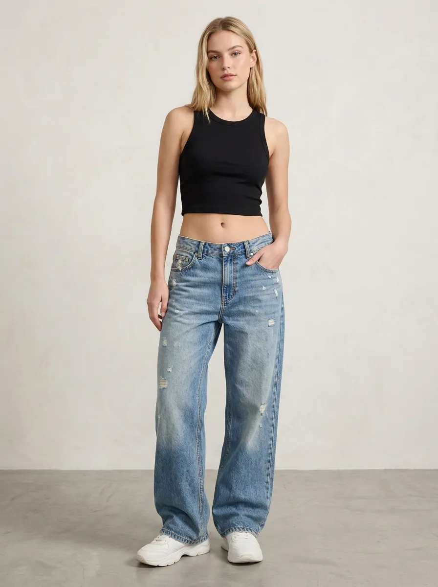 Women's Casual Fashion Distressed Wide Leg Jeans