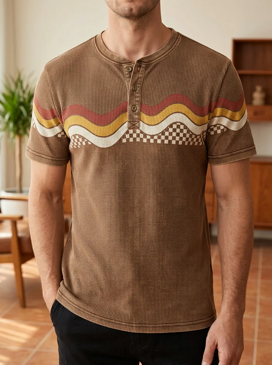 Men's Retro Waffle Knit Wavy Checkerboard Printed Henley T-shirt