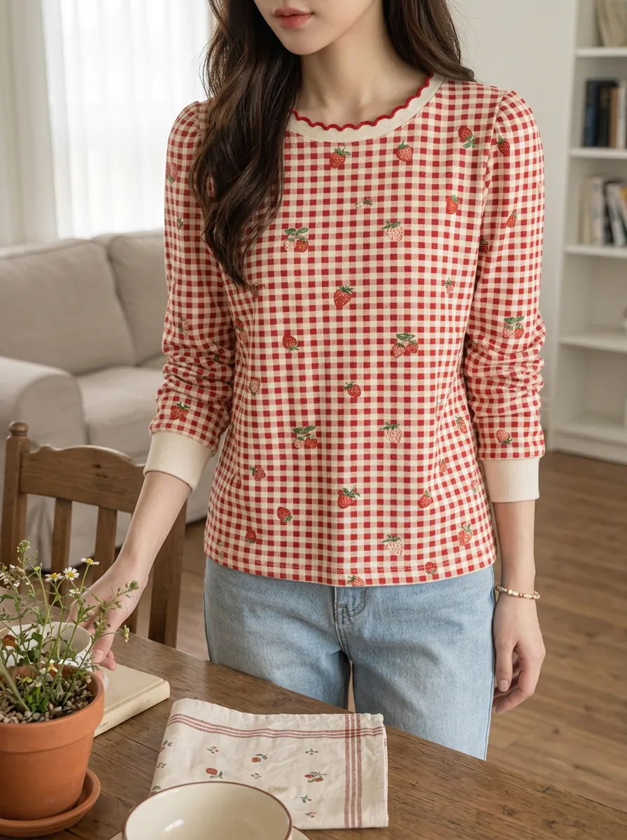 Women's Sweet Style Strawberry Gingham Printed Long Sleeve T-shirt