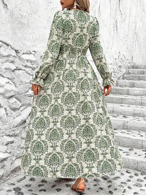 Puff Printed Neck Maxi Dress