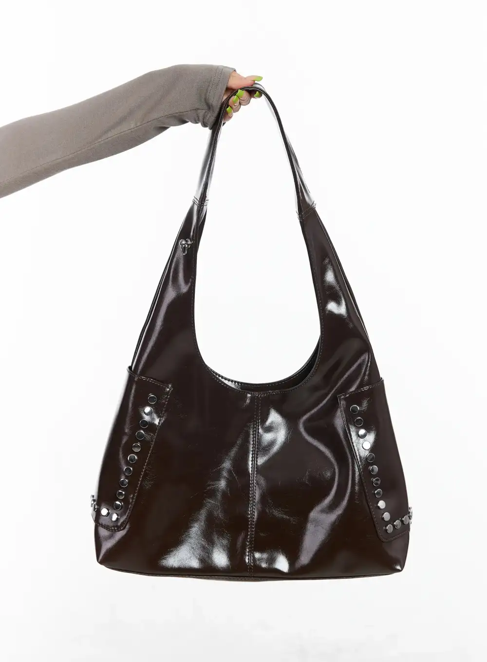 Glossy Faux Leather Studded Shoulder Bag