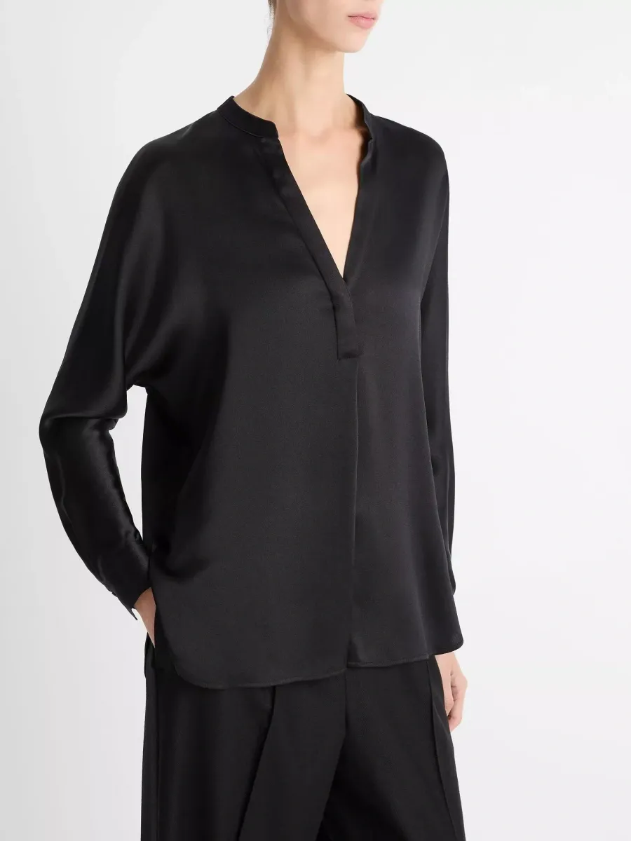 Plain Notched Long Sleeve Blouse