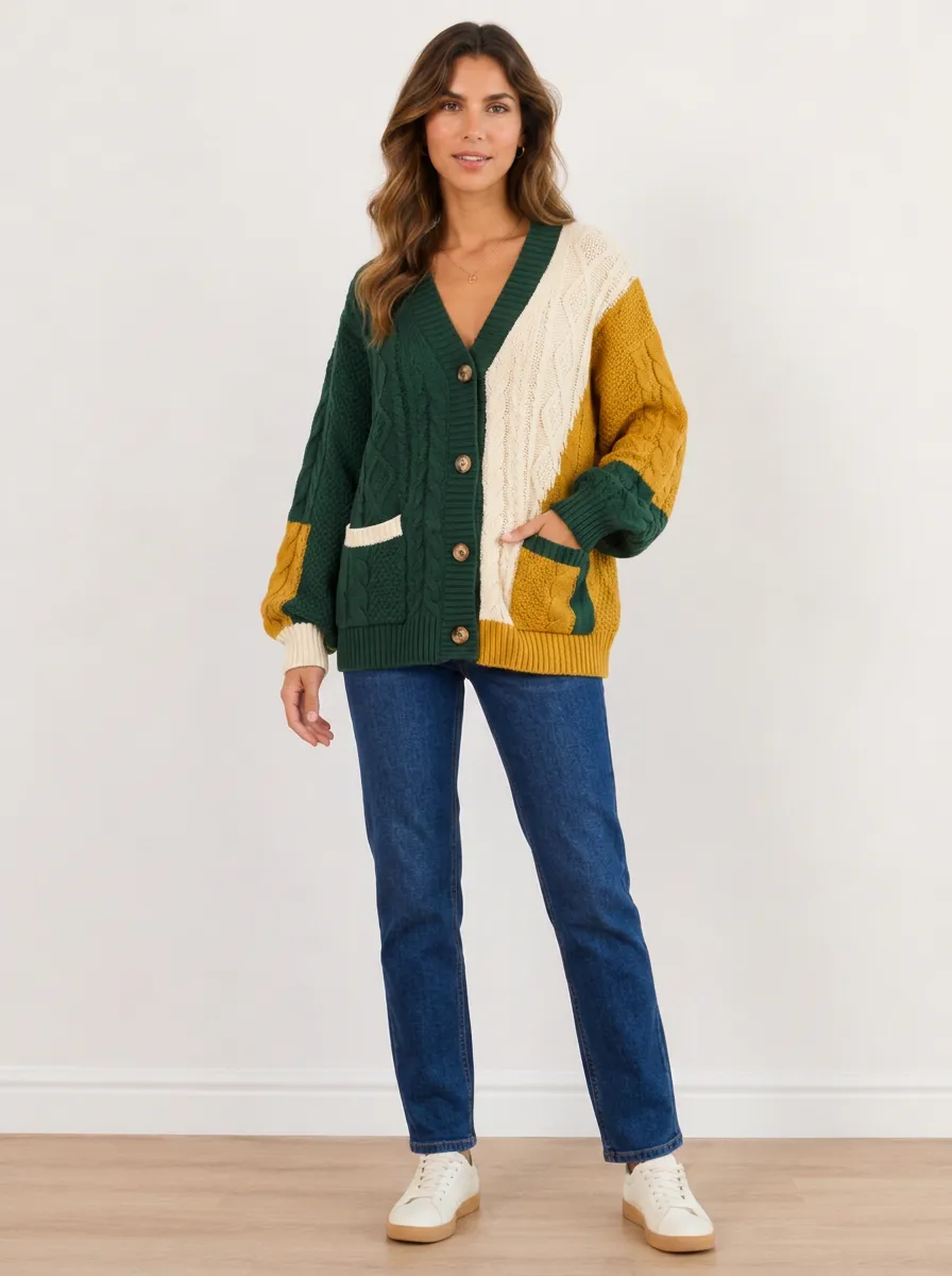 Women's Colorblock Cable Knit Cardigan Button-Front