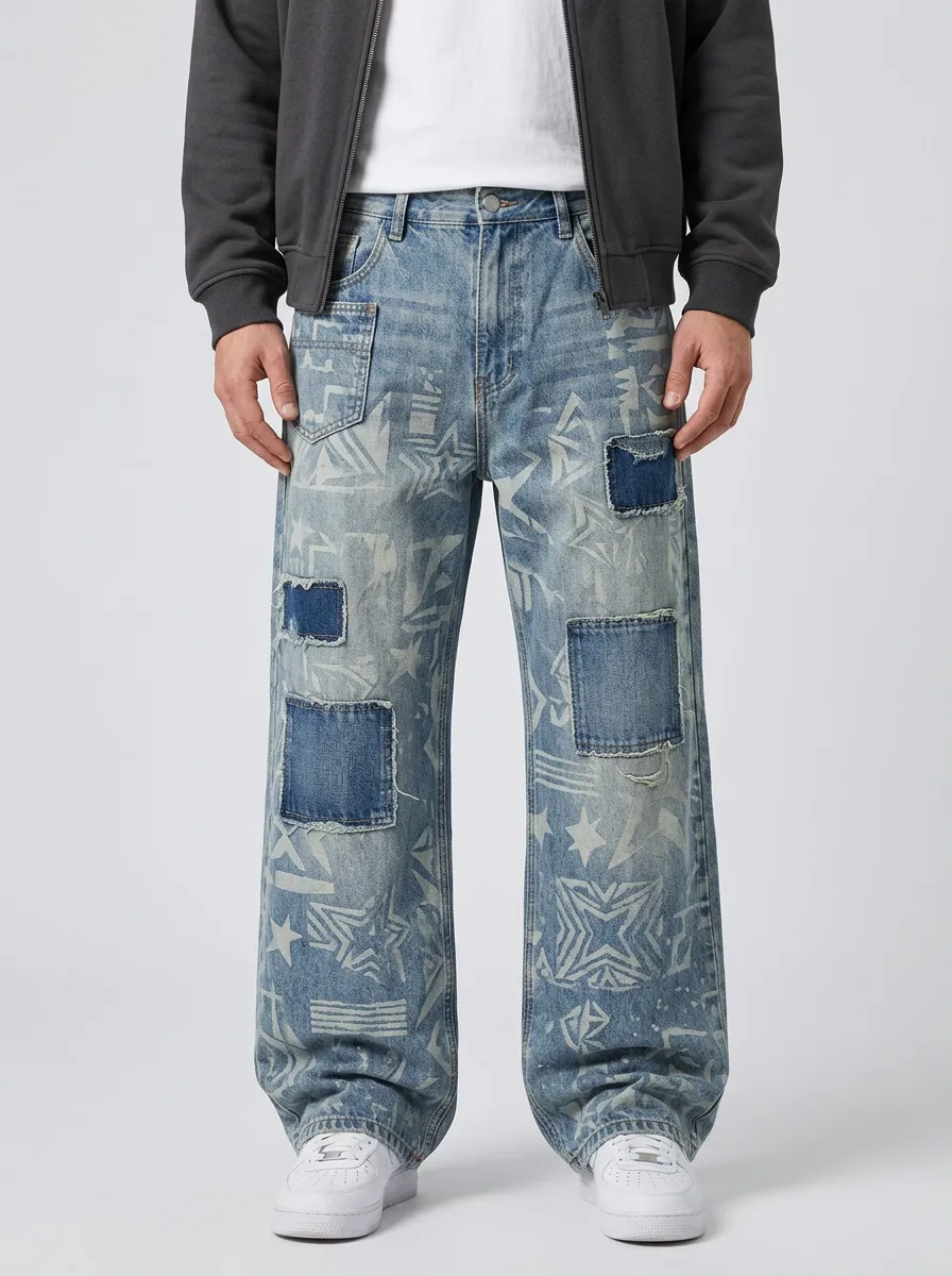 Men's Streetwear Star Pattern Patchwork Printed Wide Leg Jeans