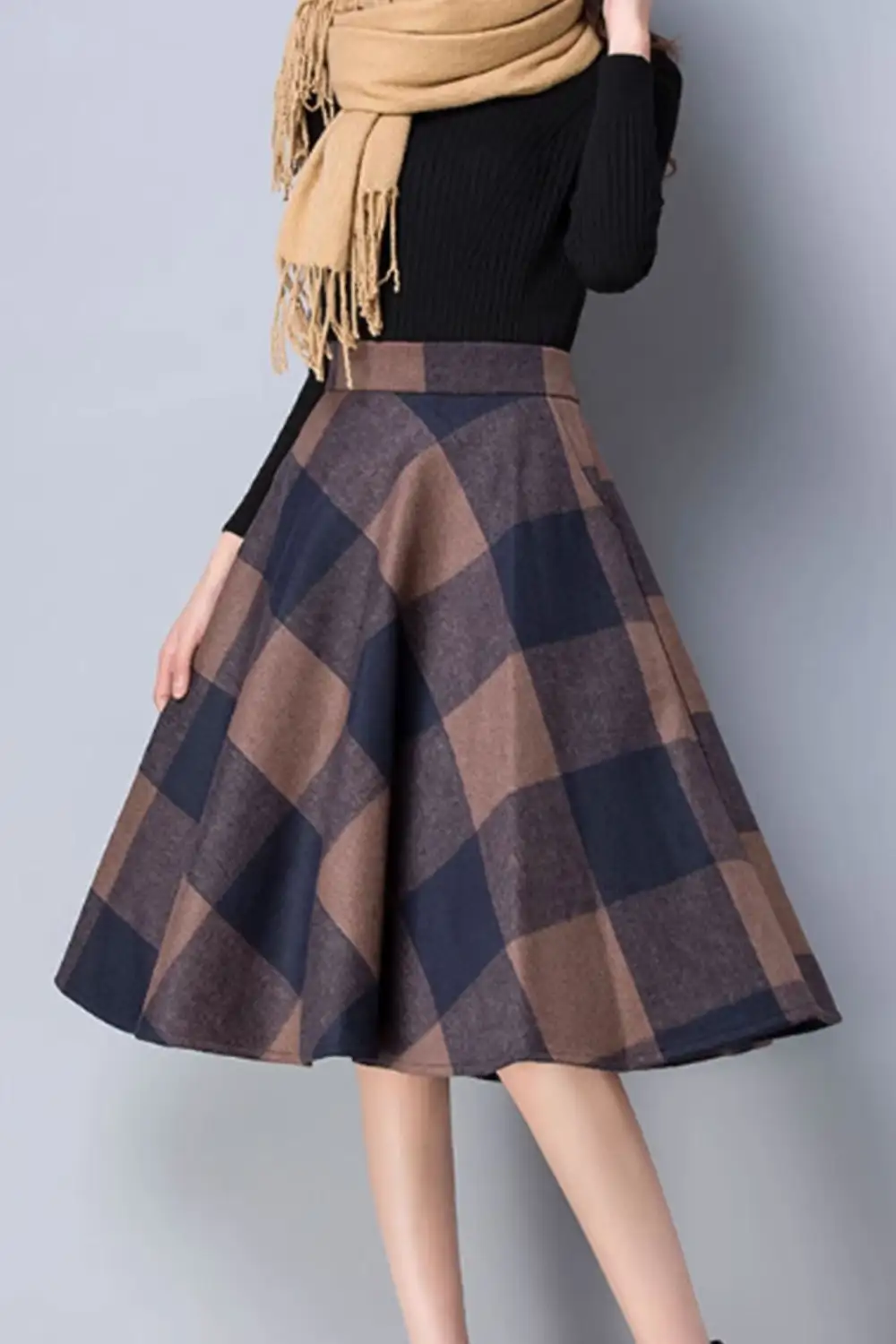 Checkered Wool Blend Skater Flared Elastic Waist Midi Skirt
