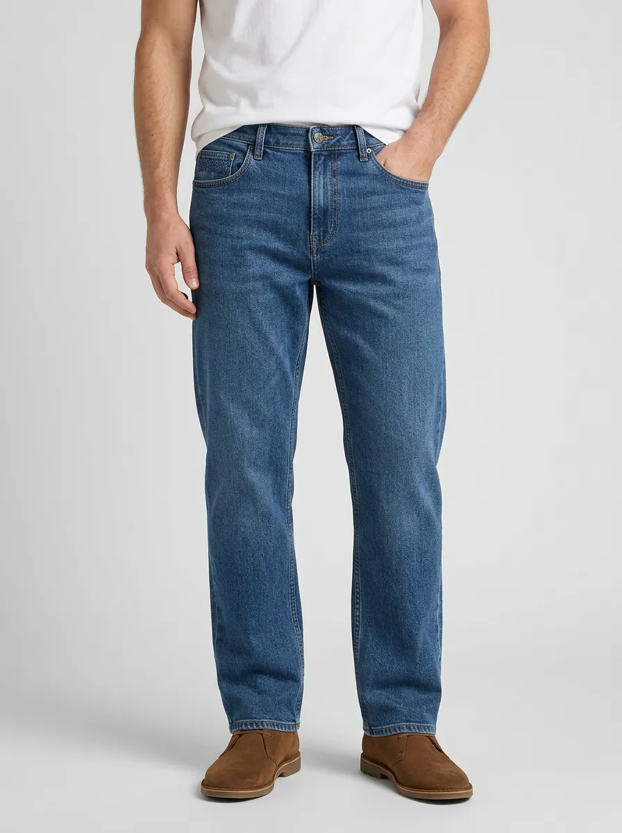 Men's Classic Blue Denim Solid Color Printed Straight Jeans