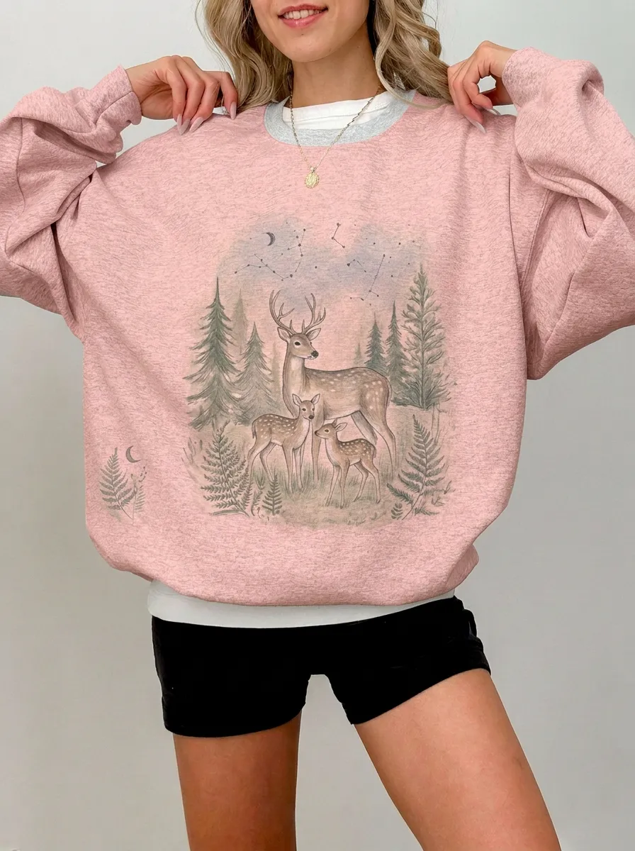 Women's Nature Forest Deer Family Graphic Sweatshirt