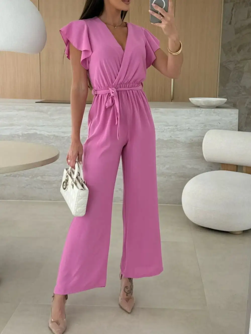 Surplice Wide Leg Belted Jumpsuit Pants