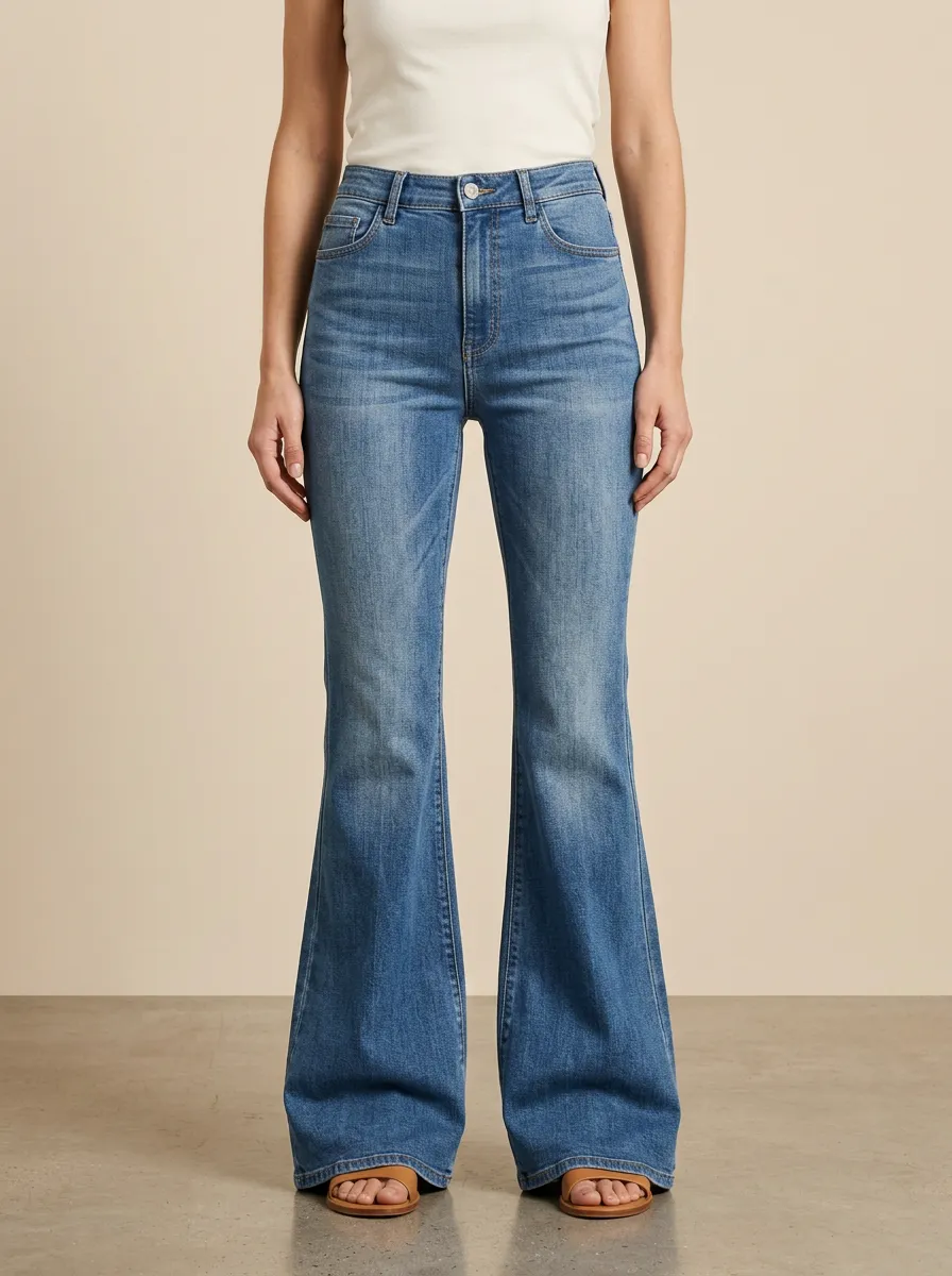High Rise Contrast Stitch Faded Finish Flare Jeans