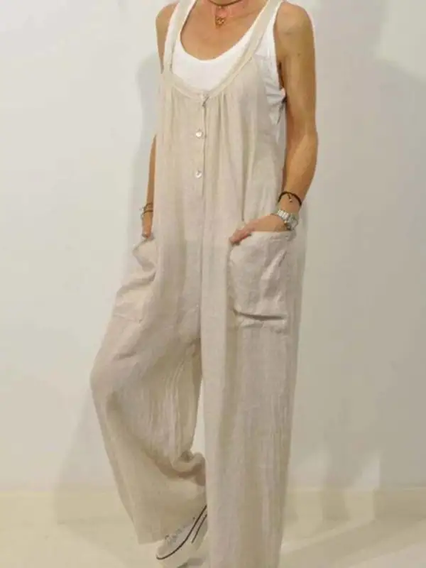 Cotton Linen Overall Pocket Elastic Band Jumpsuit