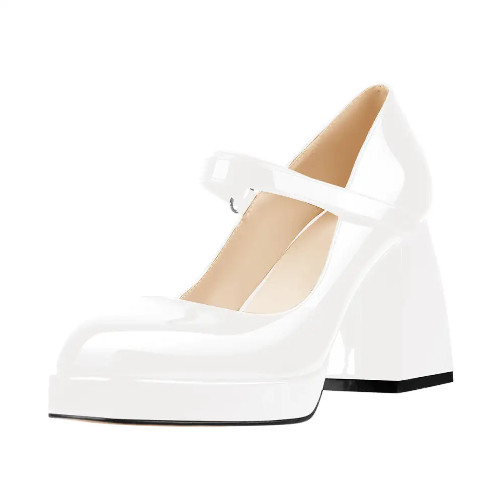 Square Toe Low Platform Chunky Heel Pumps