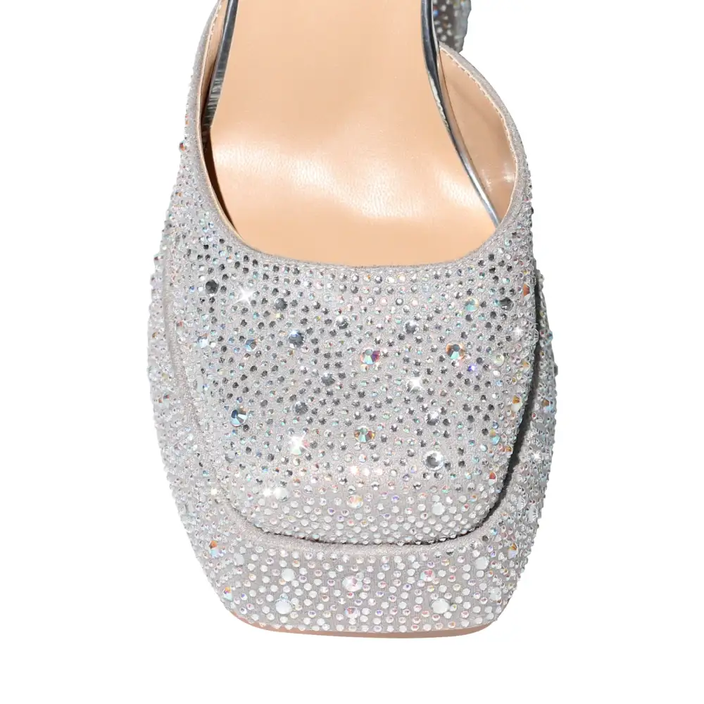 Rhinestone Square Toe Low Platform Chunky Heel Pumps