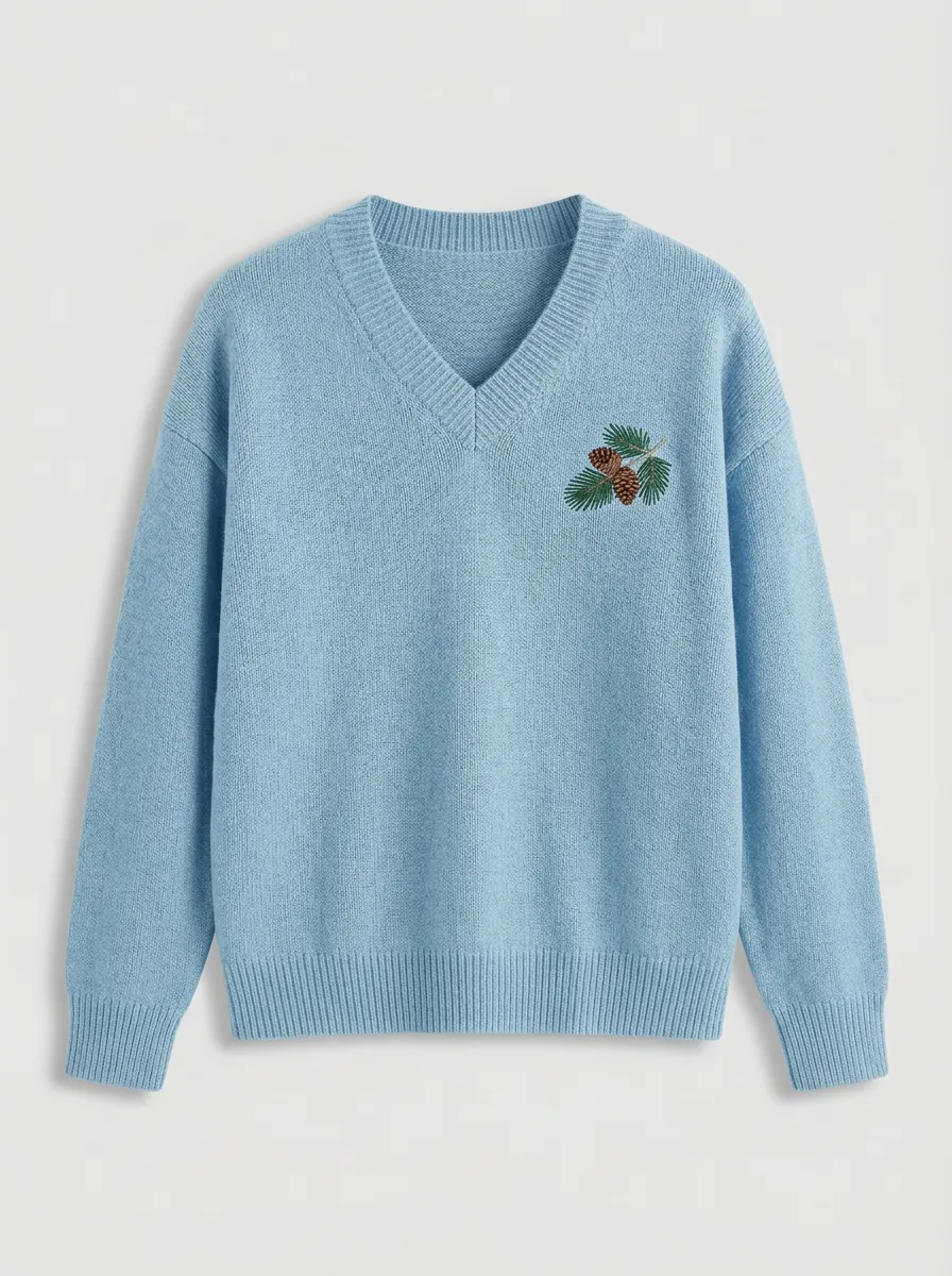 Men's Pinecone Branch Embroidered V-Neck Knit Sweater