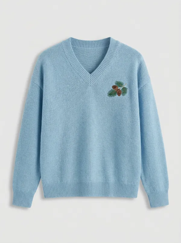 Men's Pinecone Branch Embroidered V-Neck Knit Sweater