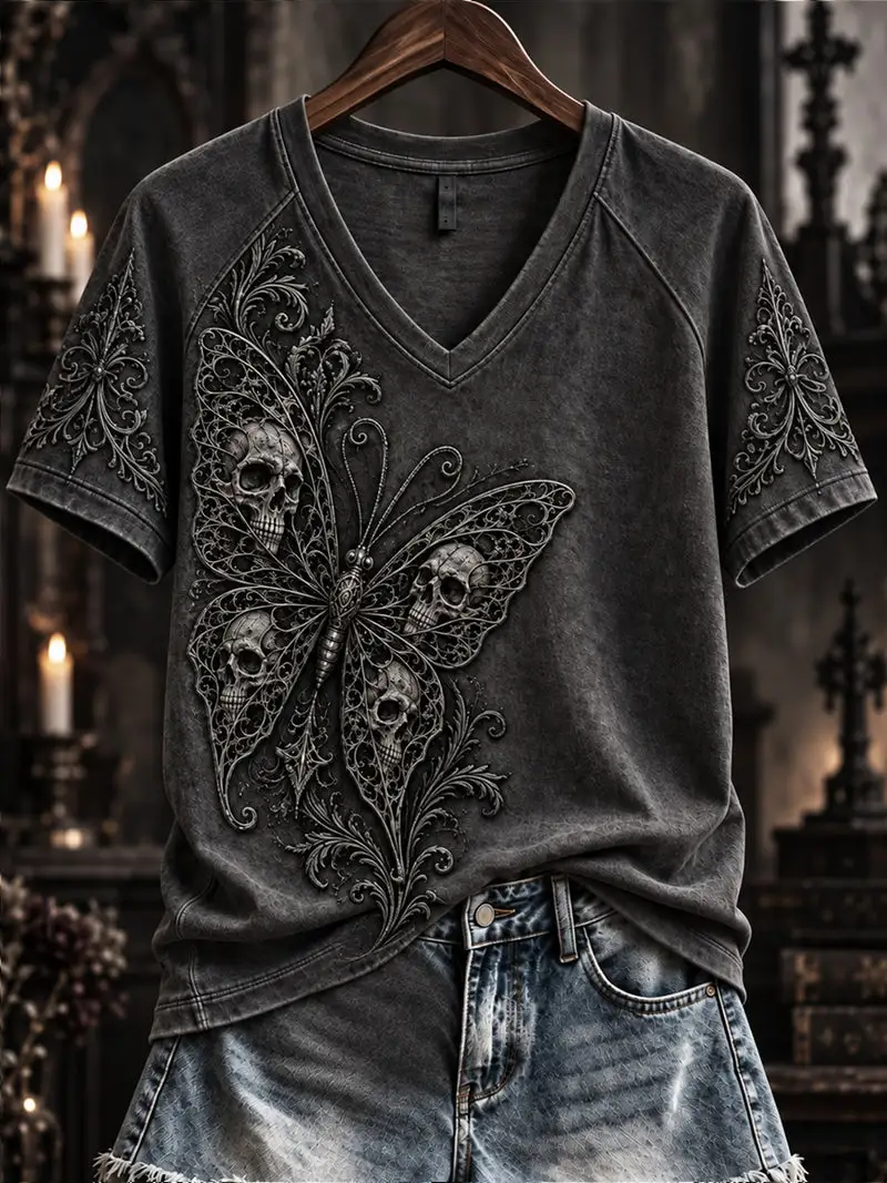 Women'S Halloween Gothic Butterfly Art Printed Casual T-Shirt