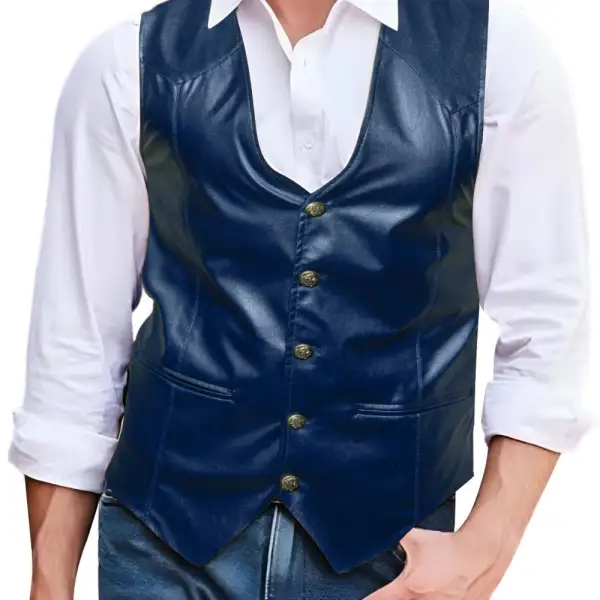 V Neck Button Up Leather Dress Vest