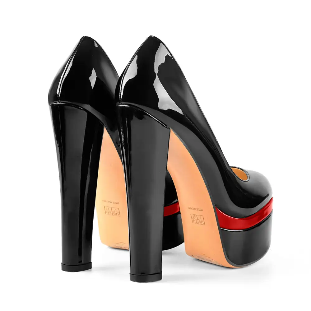 Modern Patent Finish Pointed Toe Platform Chunky Heel Pumps