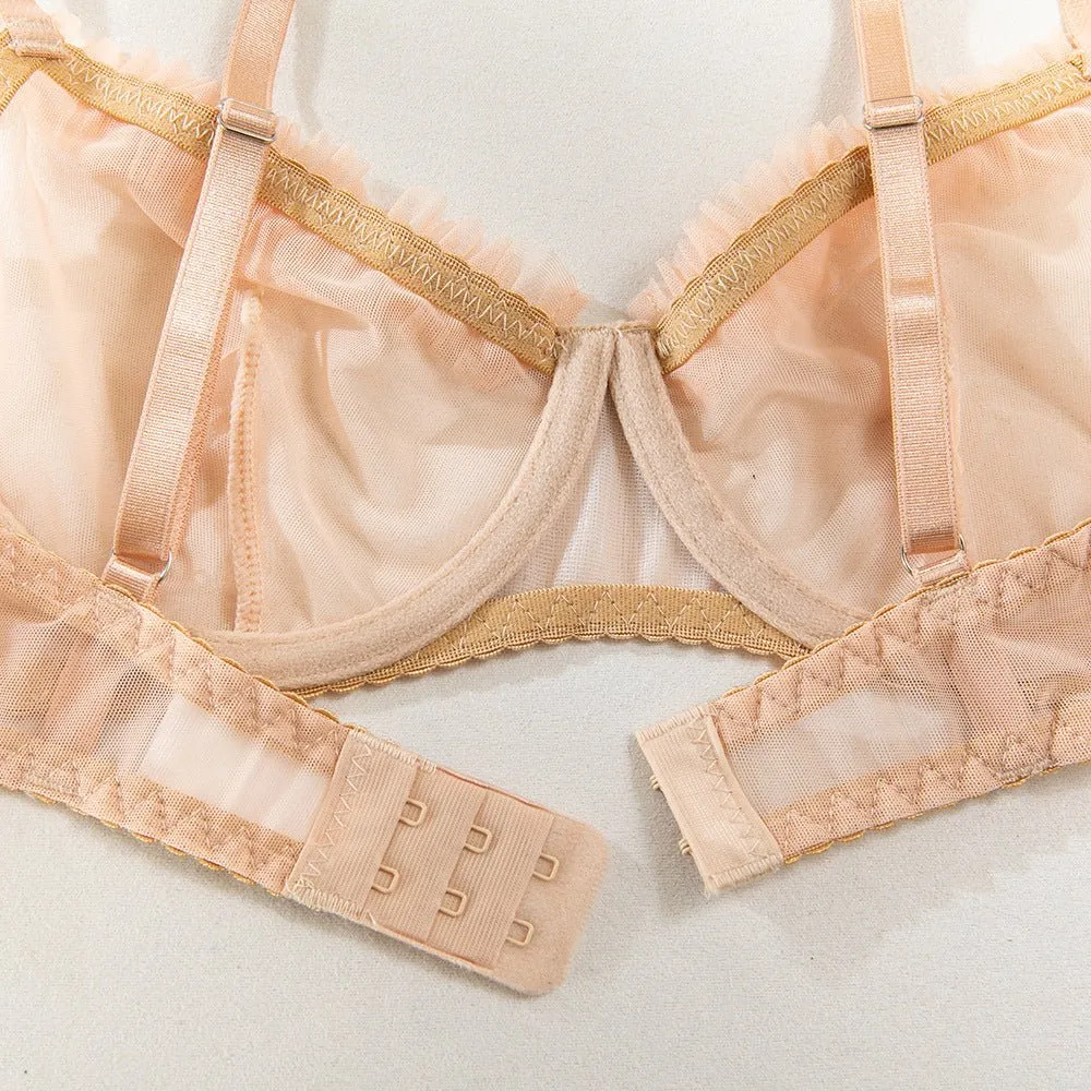 Pleated Mesh Lace Underwire Bra Set
