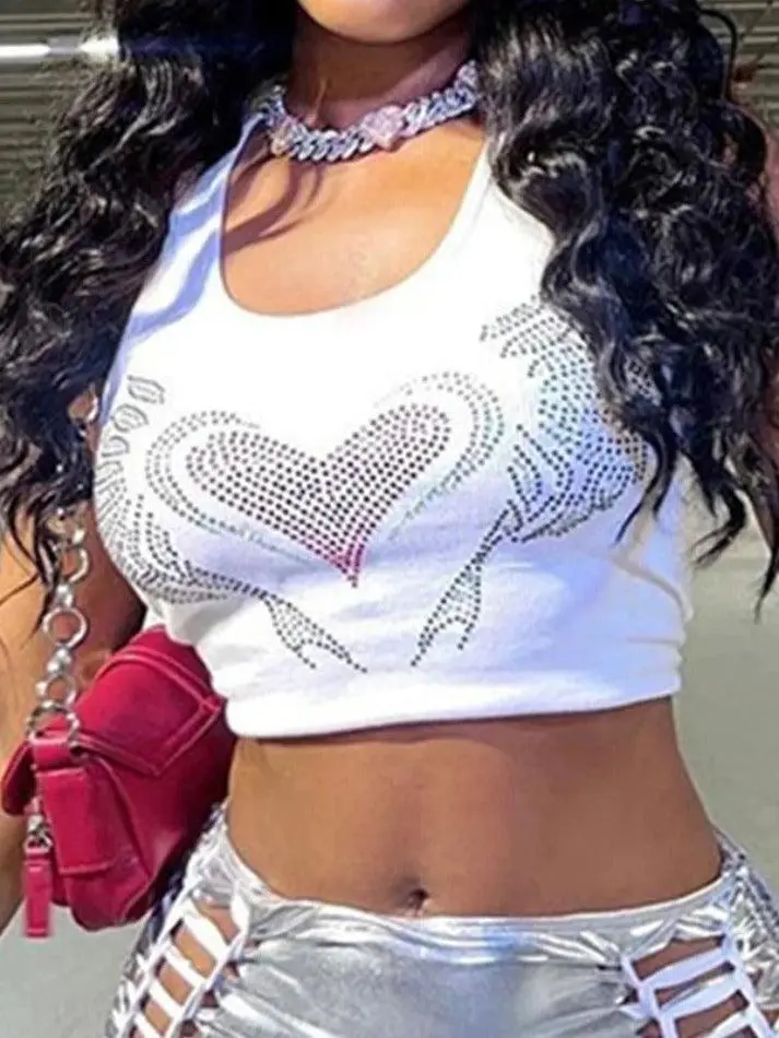 U-Neck Rhinestone Cropped Slim-Fit Tank Top