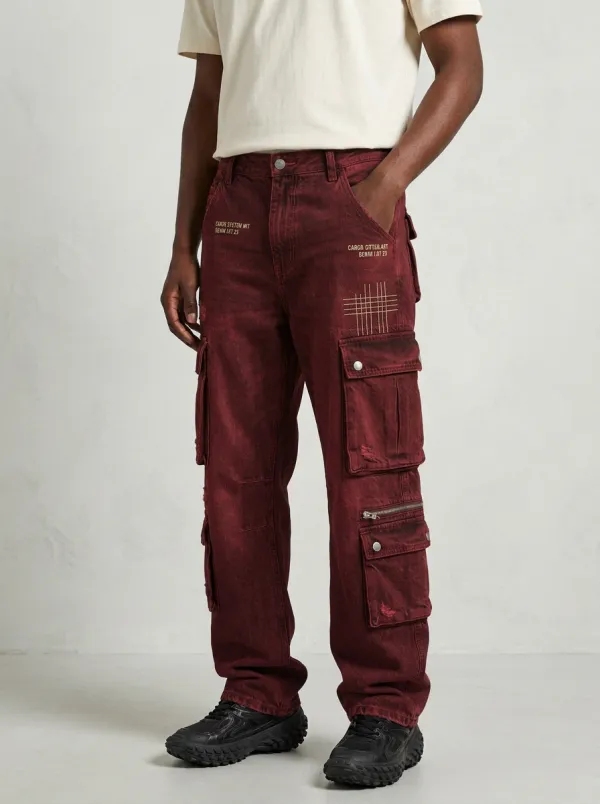 Men's Blue Distressed Mid Blue Zip Utility Pocket Cargo Pants