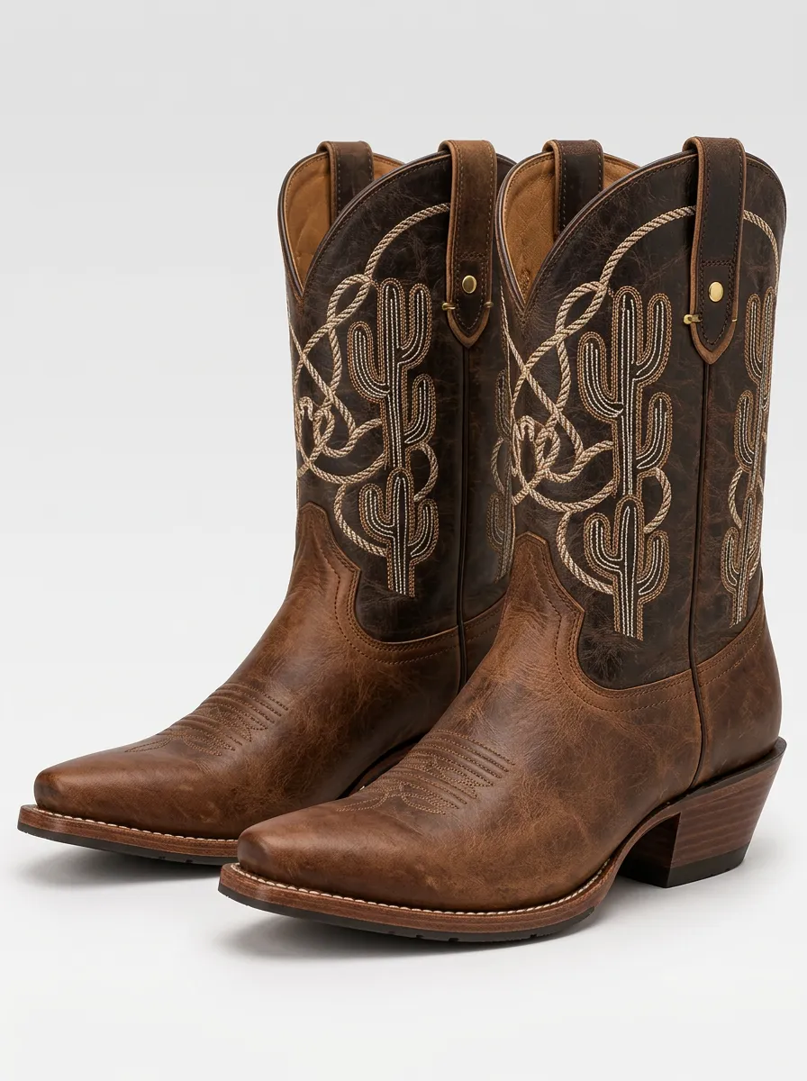 Men's Red Embroidered Detail Cowboy Boots with Distinctive Surface Detail