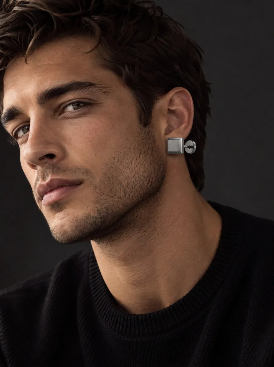 Men's Geometric Square Brushed Metal Stud Earrings