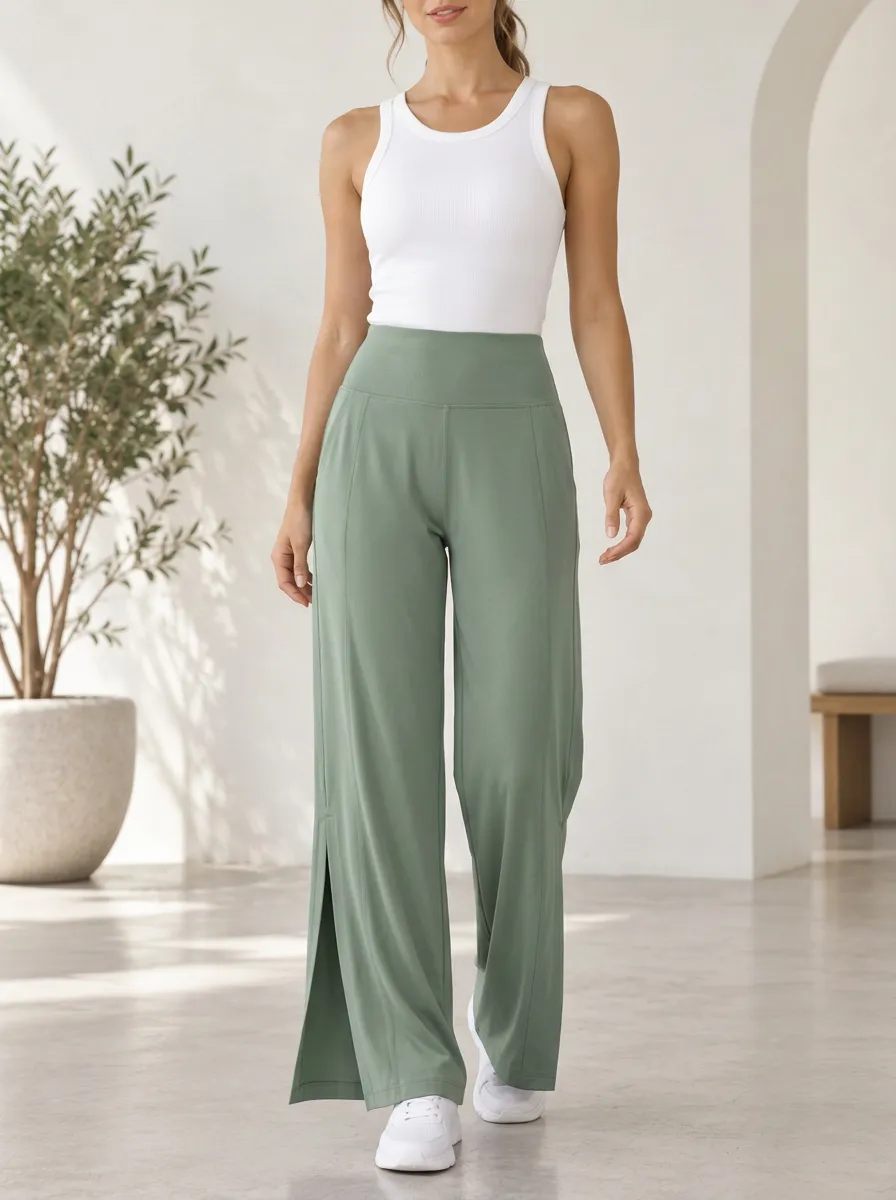 Women's Pocket Soft Movement Wide Leg Split Hem Athletic Pants