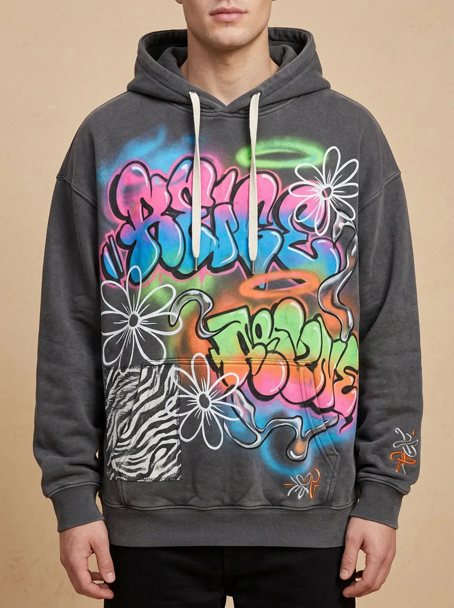 Unisex Streetwear Graffiti Flower Zebra Print Layered Print Hoodie
