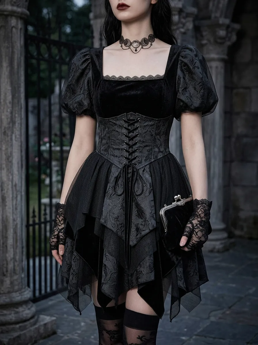 Women's Gothic Victorian Corset Lace Puff Sleeve Mini Dress