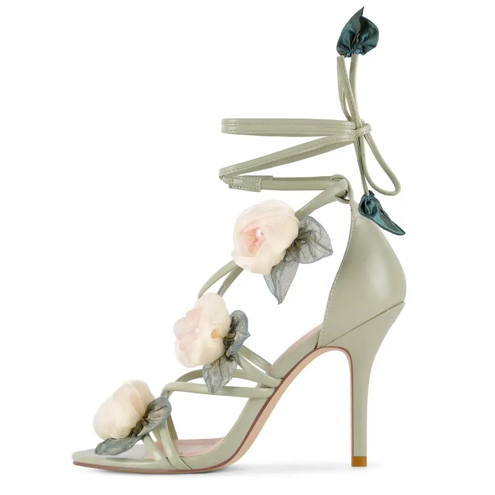 Round Toe Organza Flower Wrap Lace Up Sandals