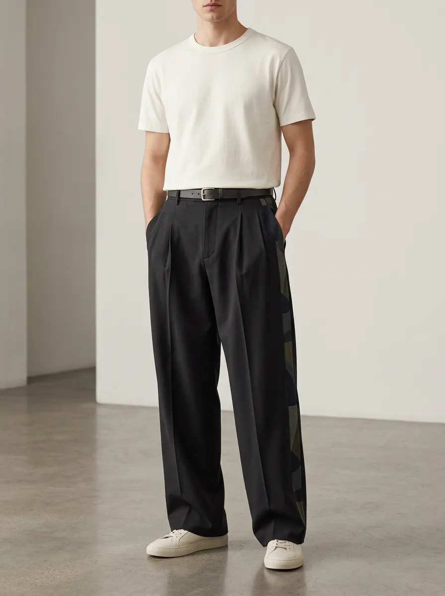 Men's Casual Style Camouflage Side Striped Printed Wide Leg Pants