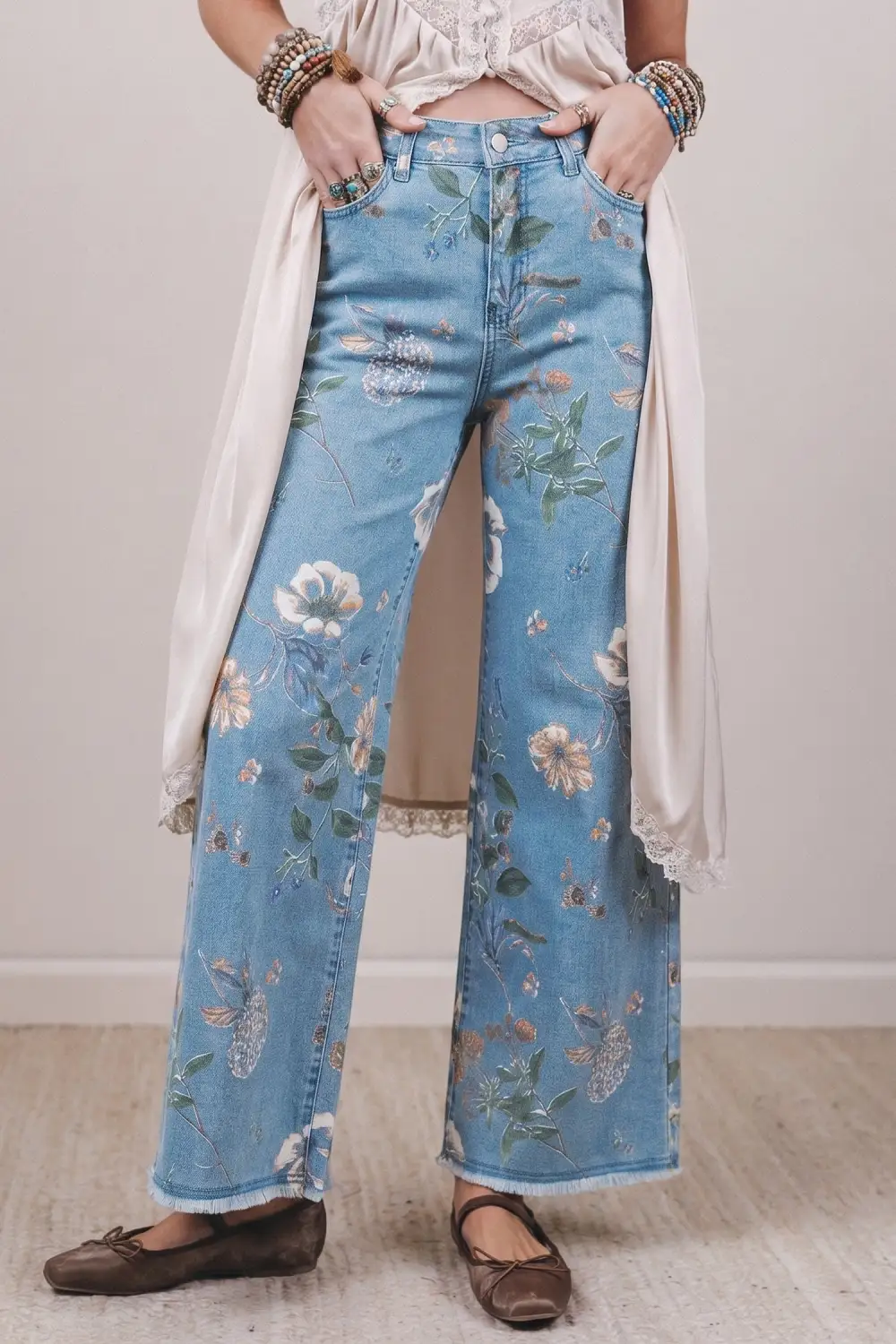 Women's Retro Floral Print Frayed Hem Shift Jeans